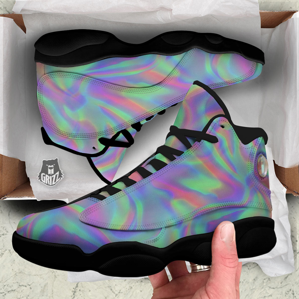Trippy Psychedelic Holographic Print Black Basketball Shoes-grizzshop