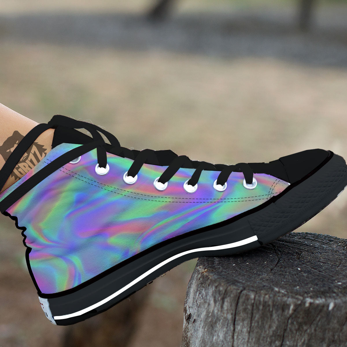 Trippy Psychedelic Holographic Print Black High Top Shoes-grizzshop