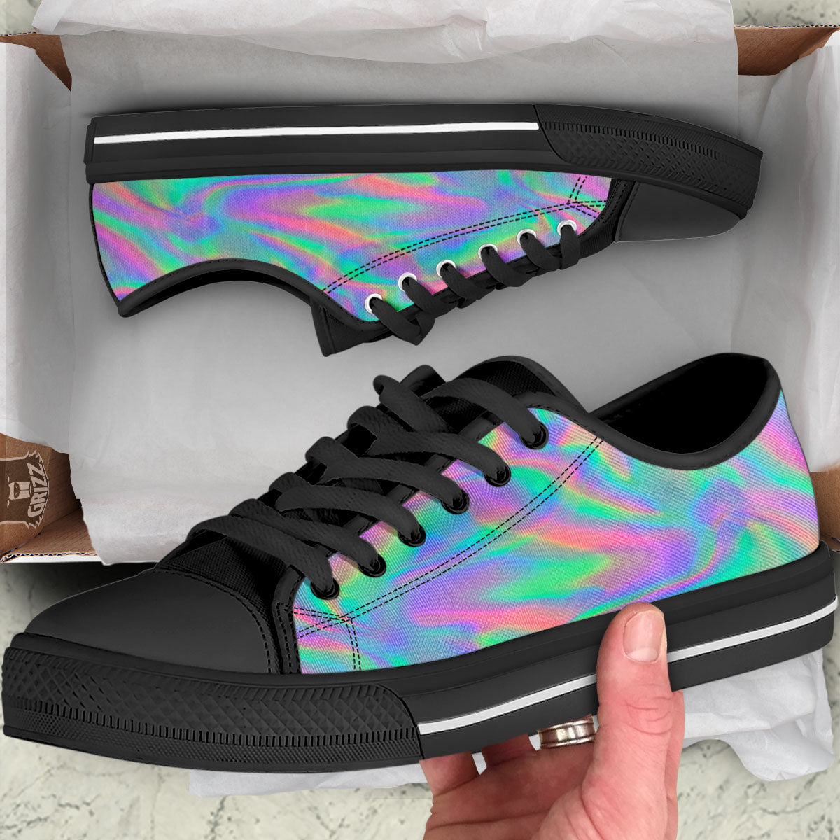 Trippy Psychedelic Holographic Print Black Low Top Shoes-grizzshop
