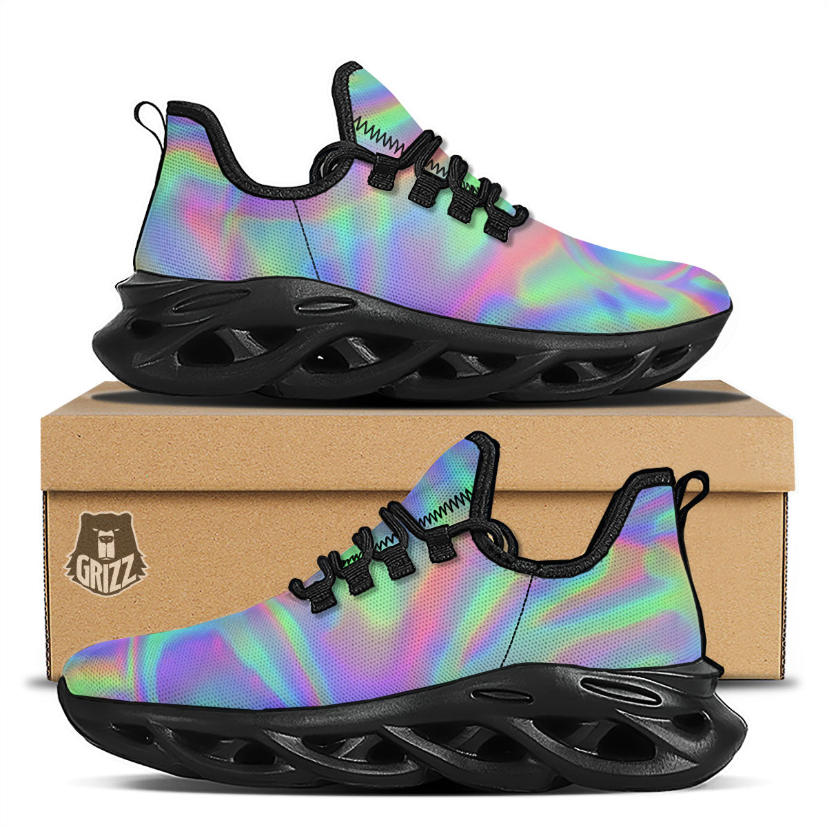 Trippy Psychedelic Holographic Print Black Running Shoes-grizzshop