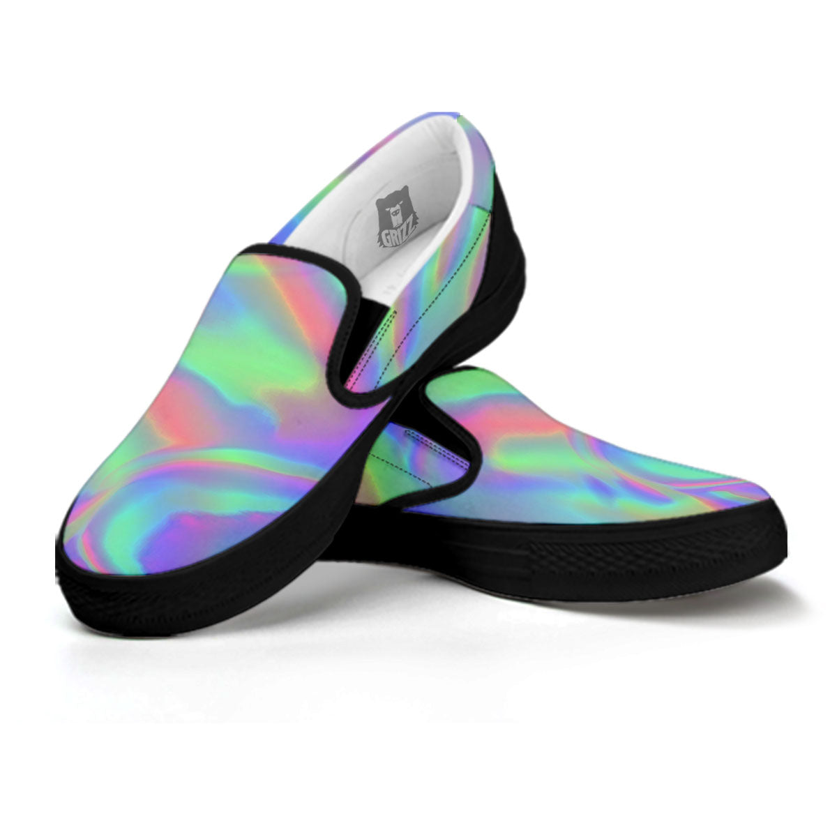Trippy Psychedelic Holographic Print Black Slip On Shoes-grizzshop