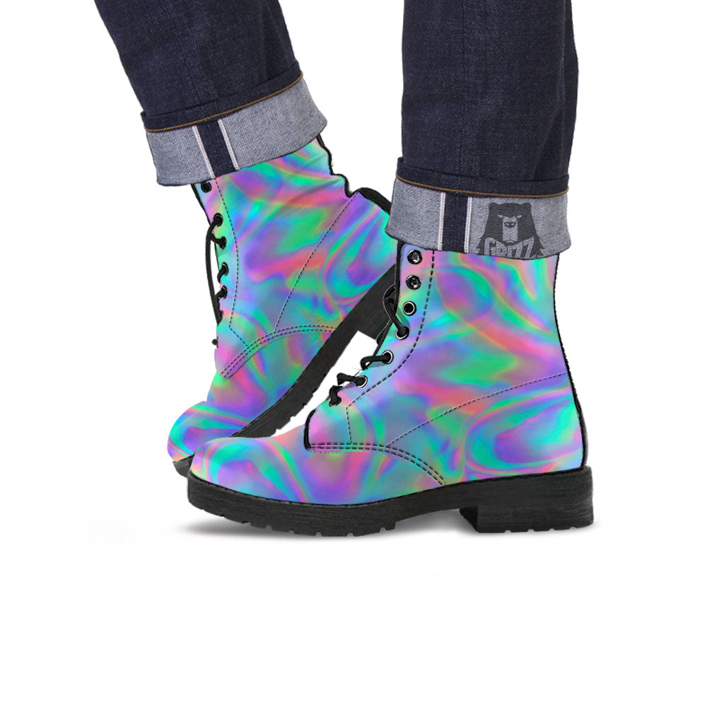 Trippy Psychedelic Holographic Print Leather Boots-grizzshop