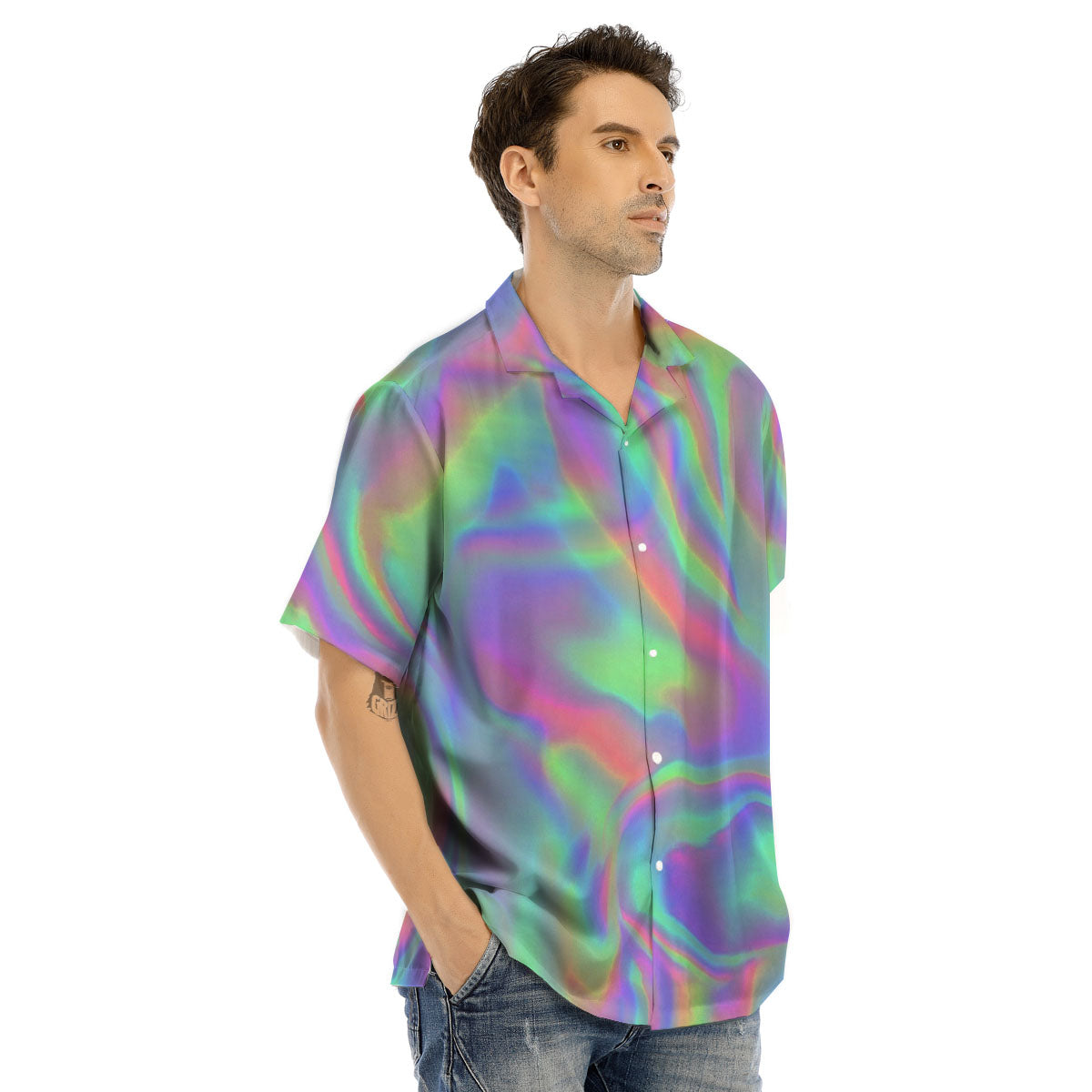 Trippy Psychedelic Holographic Print Men's Hawaiian Shirt-grizzshop
