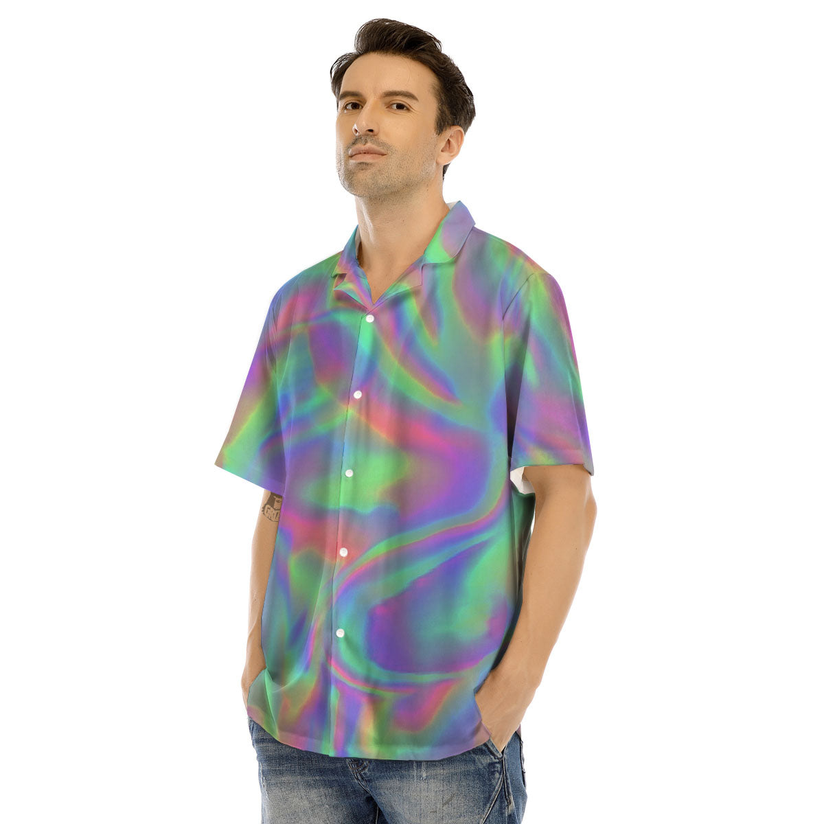 Trippy Psychedelic Holographic Print Men's Hawaiian Shirt-grizzshop