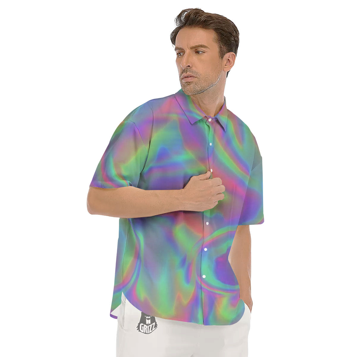 Trippy Psychedelic Holographic Print Men's Short Sleeve Shirts-grizzshop