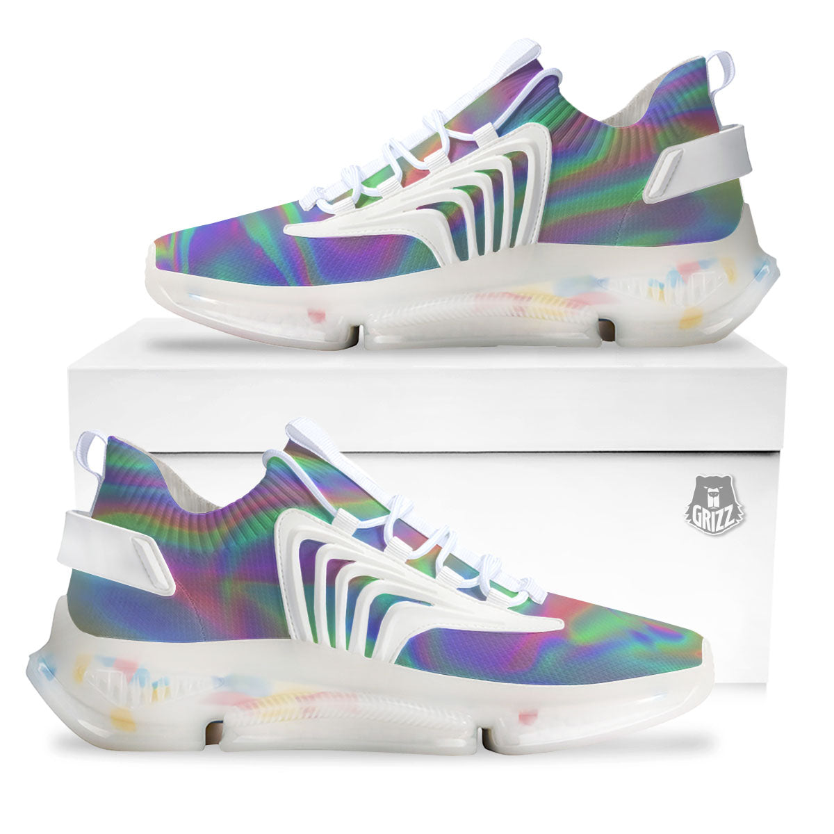Trippy Psychedelic Holographic Print White Gym Shoes-grizzshop