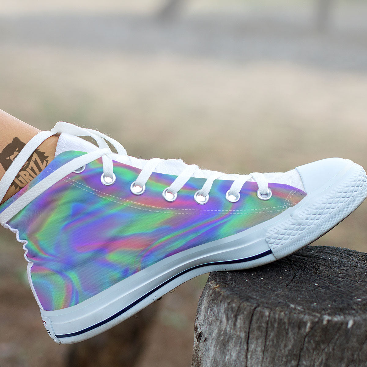 Trippy Psychedelic Holographic Print White High Top Shoes-grizzshop