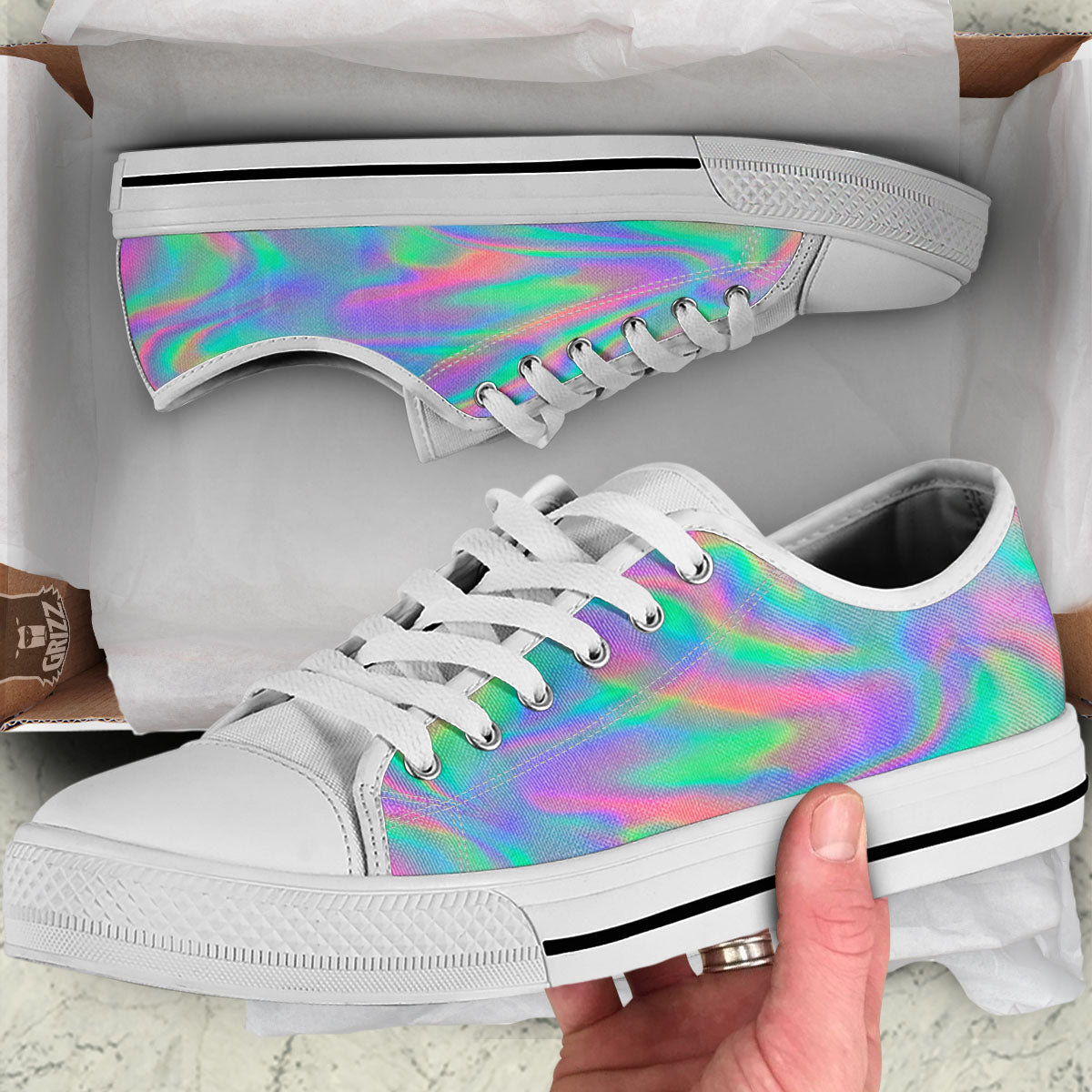 Trippy Psychedelic Holographic Print White Low Top Shoes-grizzshop