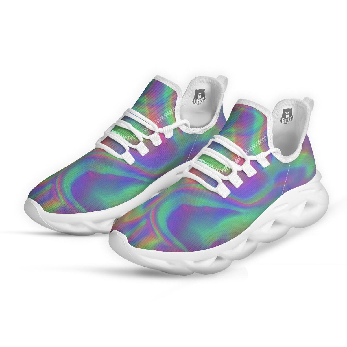 Trippy Psychedelic Holographic Print White Running Shoes-grizzshop