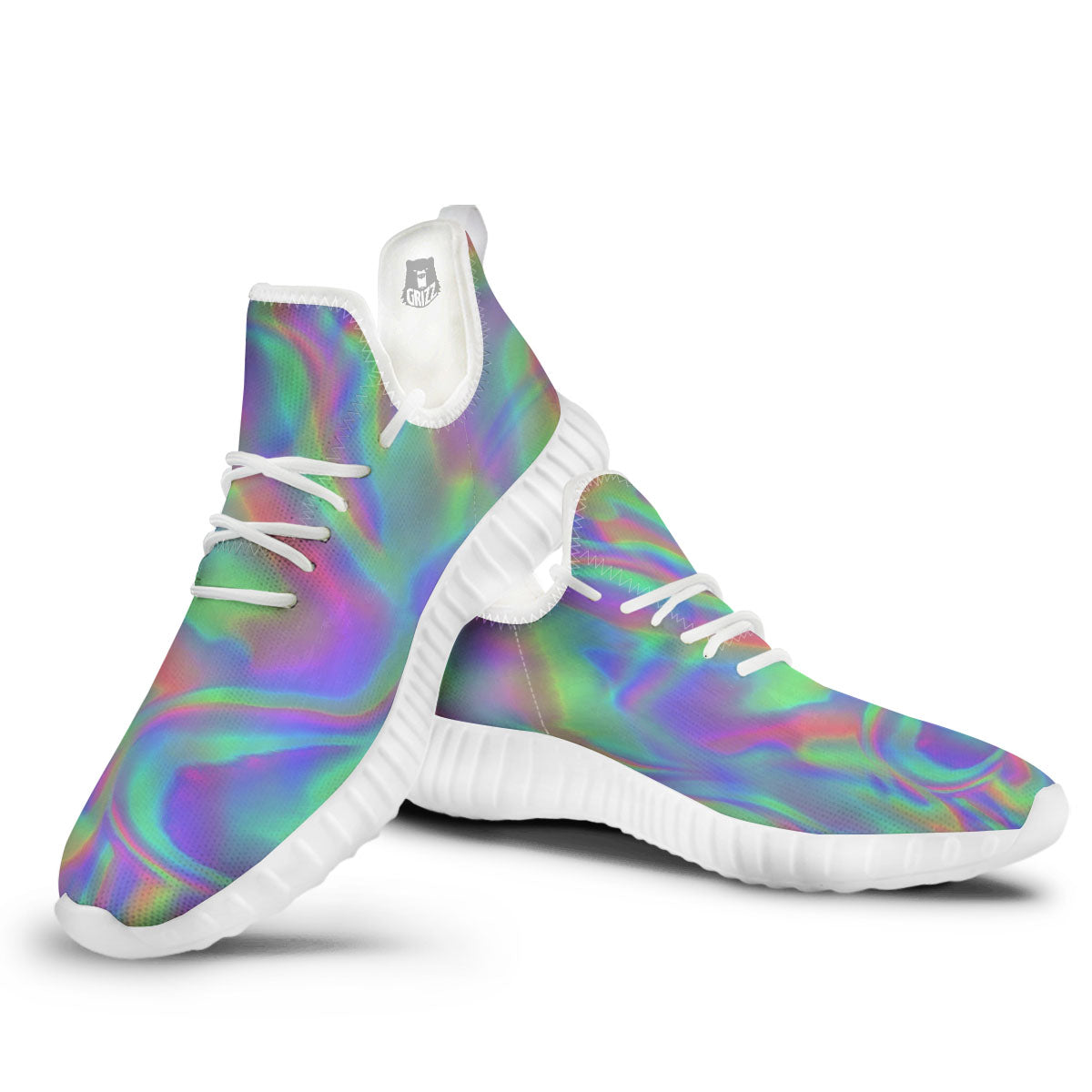 Trippy Psychedelic Holographic Print White Walking Shoes-grizzshop