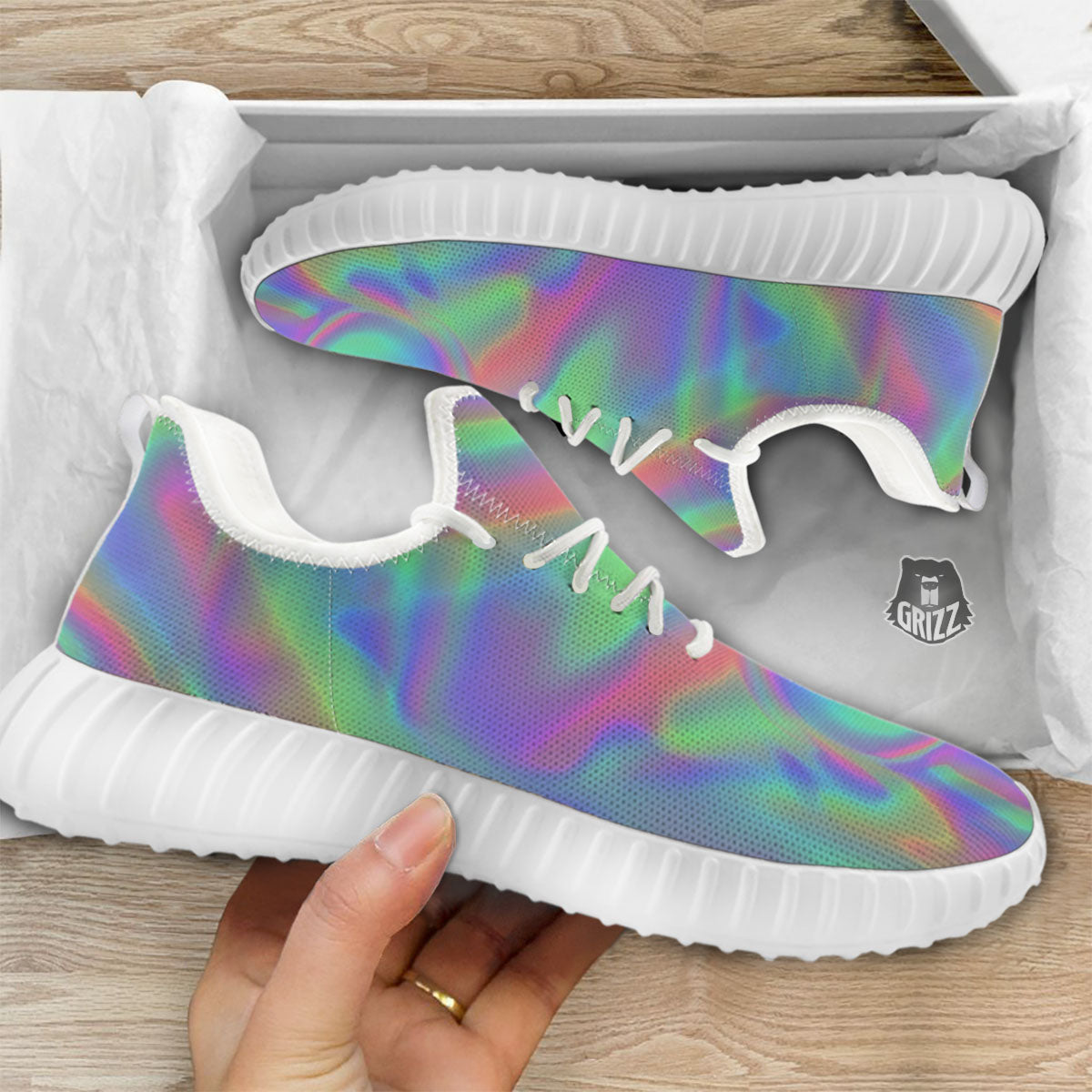 Trippy Psychedelic Holographic Print White Walking Shoes-grizzshop