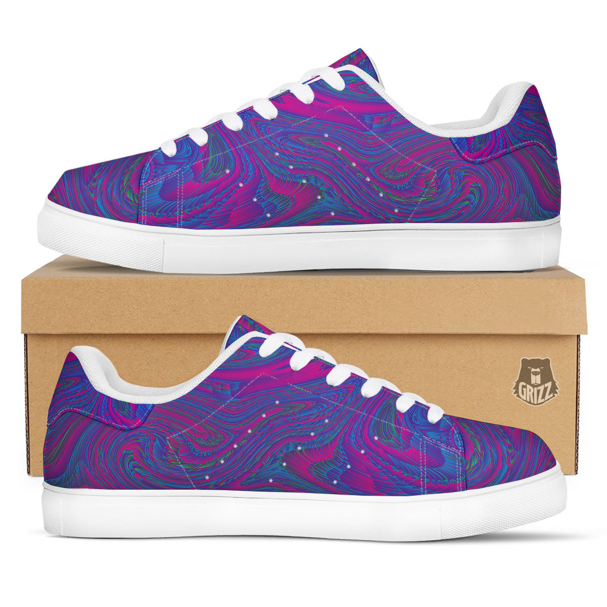 Trippy Psychedelic Purple Print White Low Top Sneakers-grizzshop