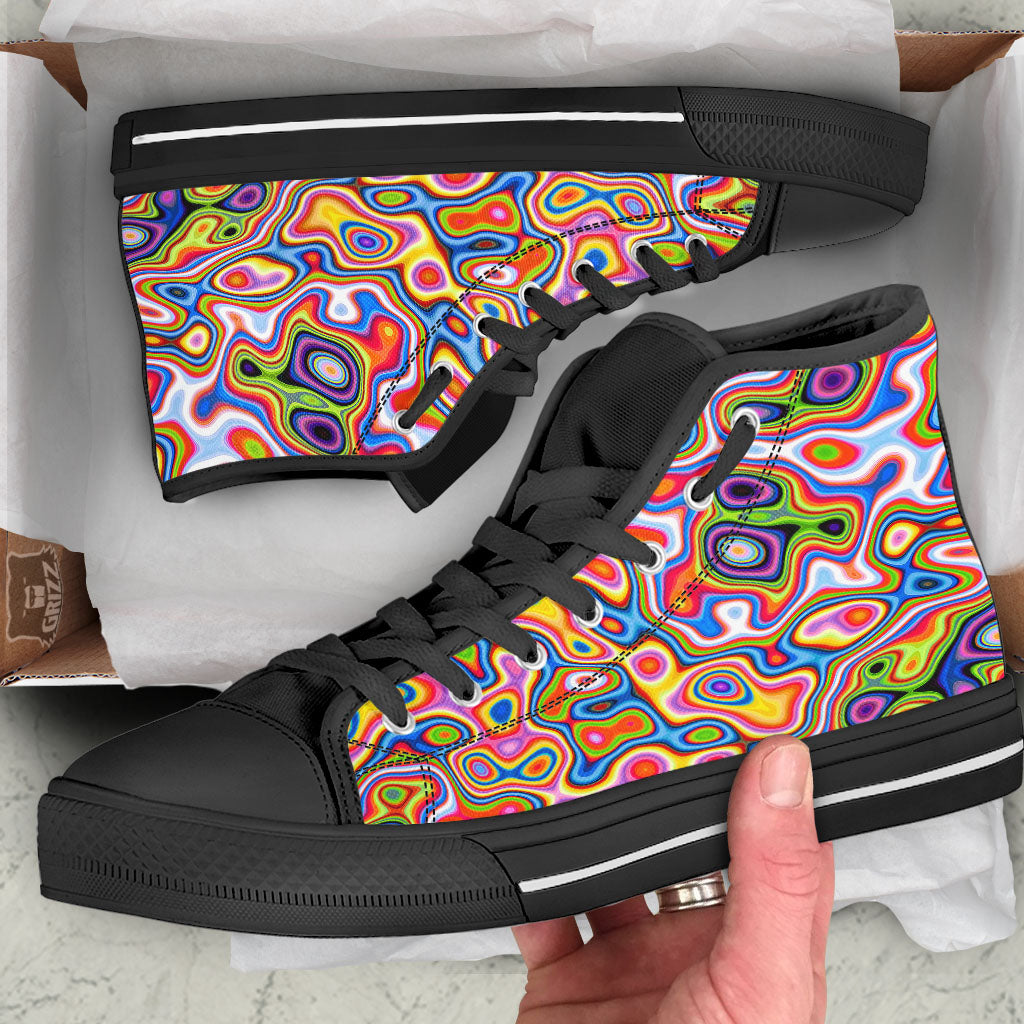 Trippy Rainbow Psychedelic Print Black High Top Shoes-grizzshop