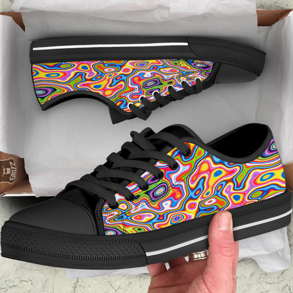 Trippy Rainbow Psychedelic Print Black Low Top Shoes-grizzshop