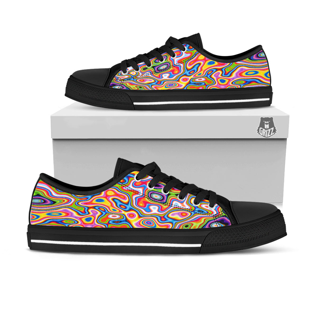 Trippy Rainbow Psychedelic Print Black Low Top Shoes-grizzshop