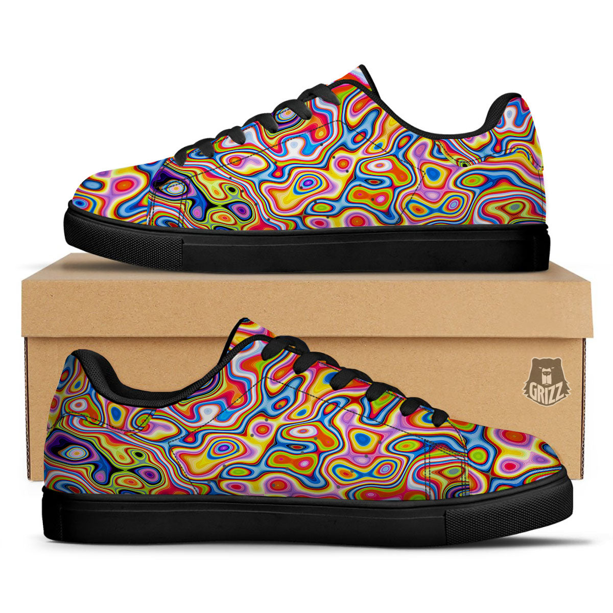Trippy Rainbow Psychedelic Print Black Low Top Sneakers-grizzshop
