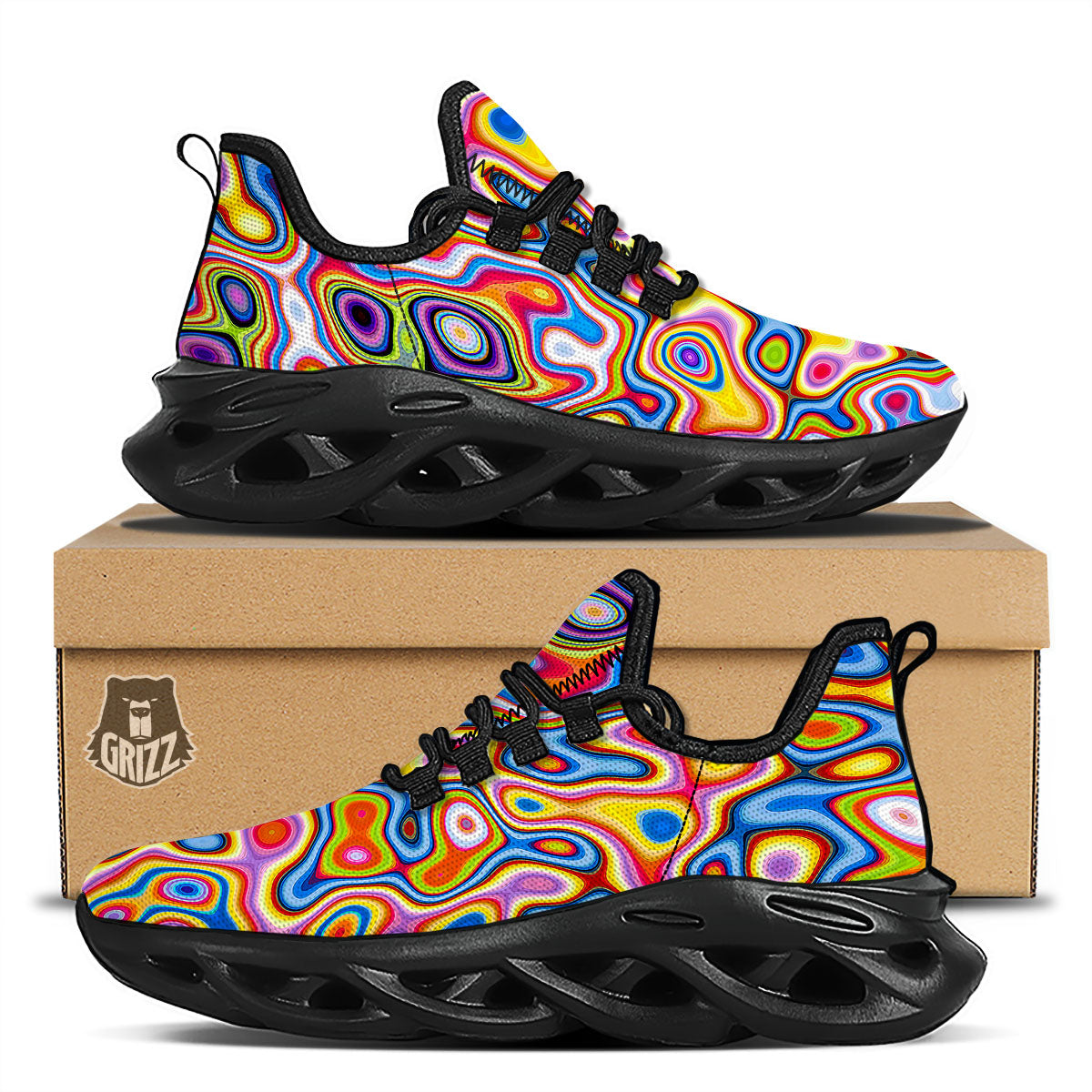 Trippy Rainbow Psychedelic Print Black Running Shoes-grizzshop
