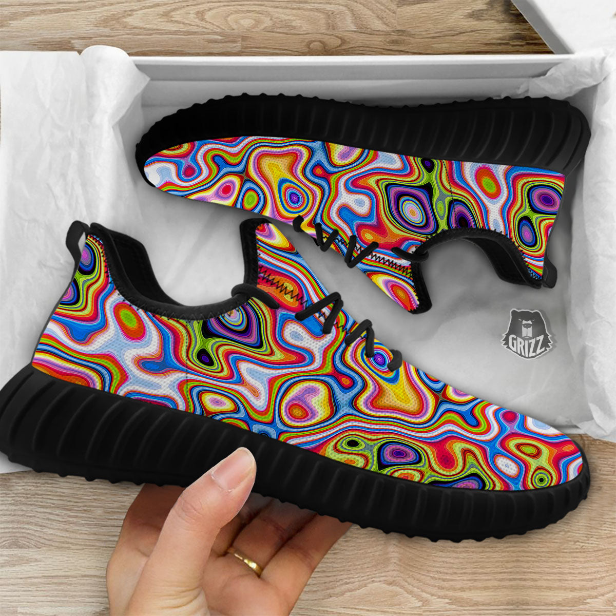 Trippy Rainbow Psychedelic Print Black Walking Shoes-grizzshop
