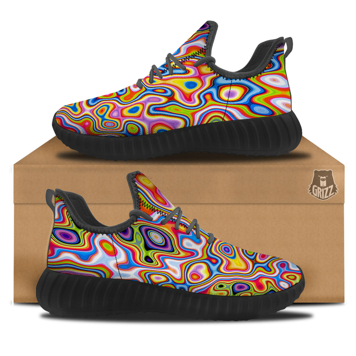 Trippy Rainbow Psychedelic Print Black Walking Shoes-grizzshop