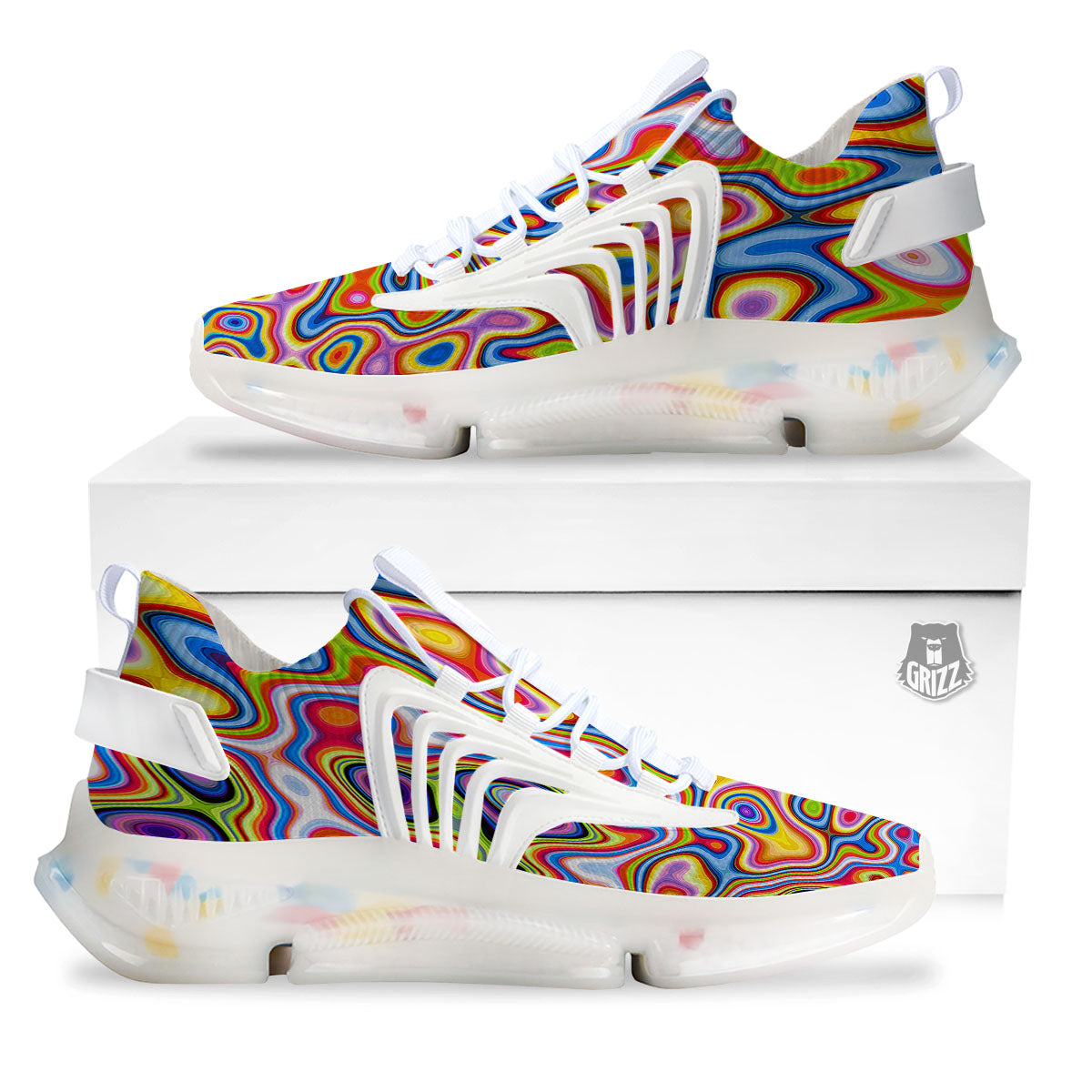 Trippy Rainbow Psychedelic Print White Gym Shoes-grizzshop
