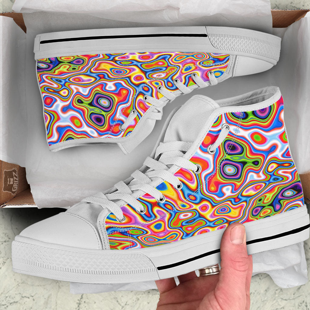 Trippy Rainbow Psychedelic Print White High Top Shoes-grizzshop
