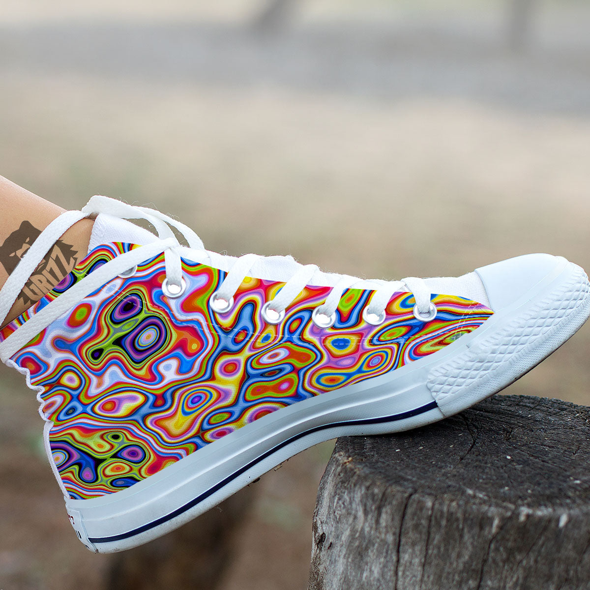 Trippy Rainbow Psychedelic Print White High Top Shoes-grizzshop