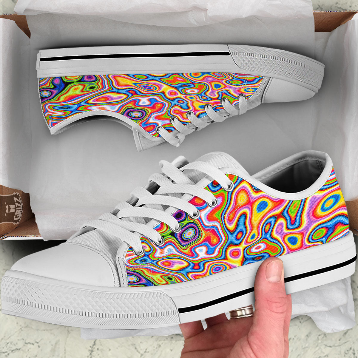 Trippy Rainbow Psychedelic Print White Low Top Shoes-grizzshop