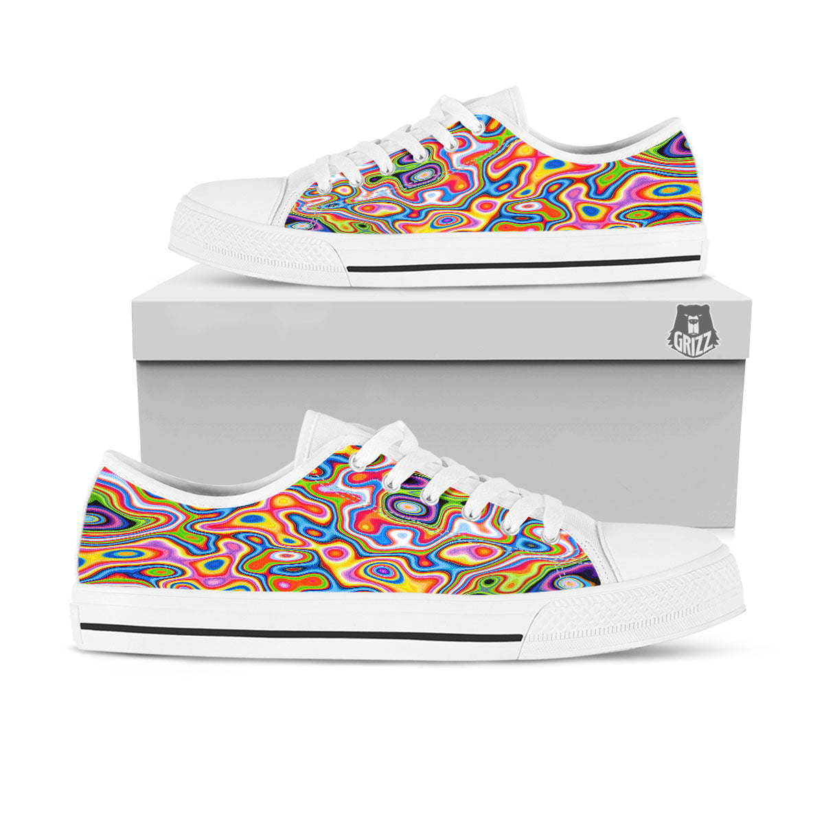 Trippy Rainbow Psychedelic Print White Low Top Shoes-grizzshop