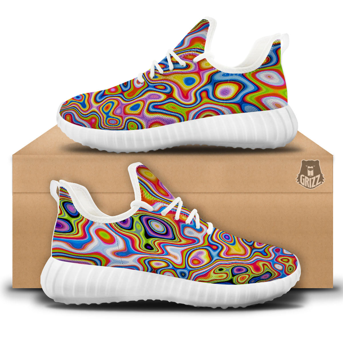 Trippy Rainbow Psychedelic Print White Walking Shoes-grizzshop