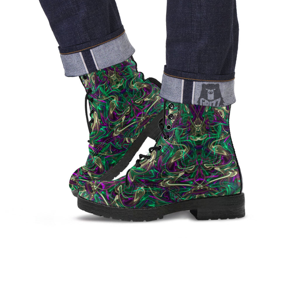 Trippy Smoke Psychedelic Print Leather Boots-grizzshop