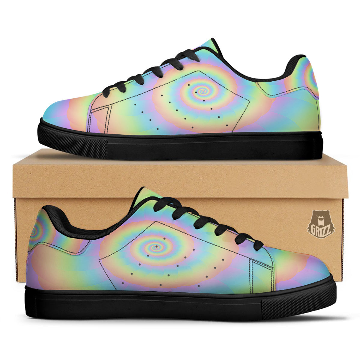 Trippy Spiral Colorful Print Black Low Top Sneakers-grizzshop