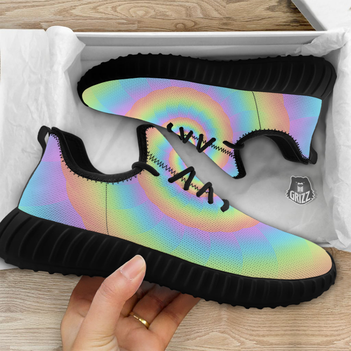 Trippy Spiral Colorful Print Black Walking Shoes-grizzshop