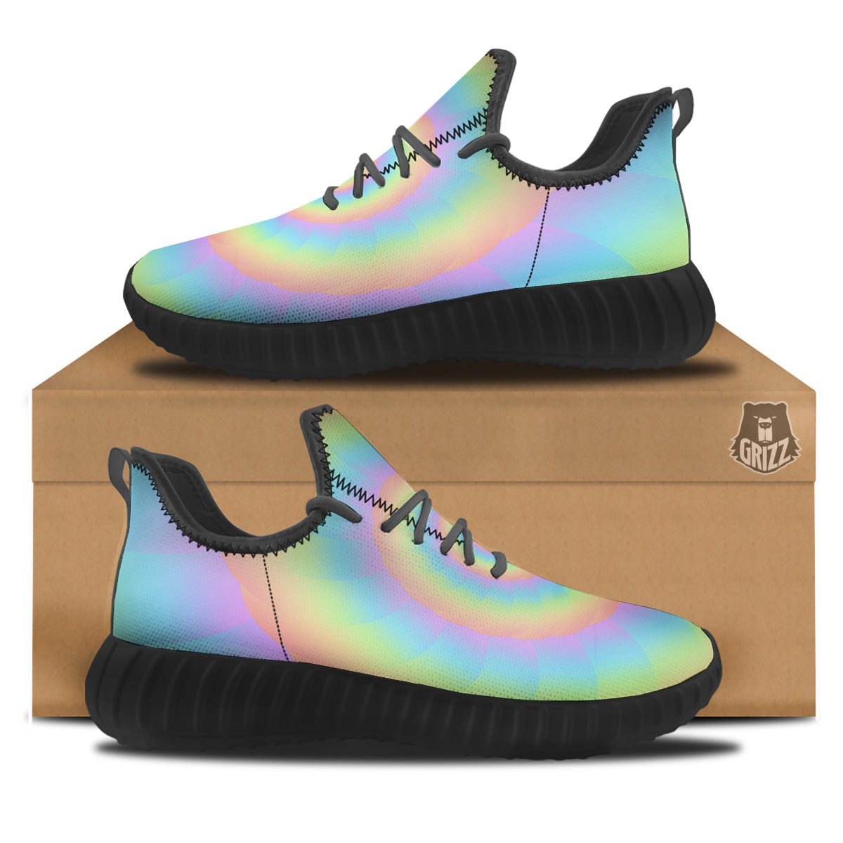 Trippy Spiral Colorful Print Black Walking Shoes-grizzshop