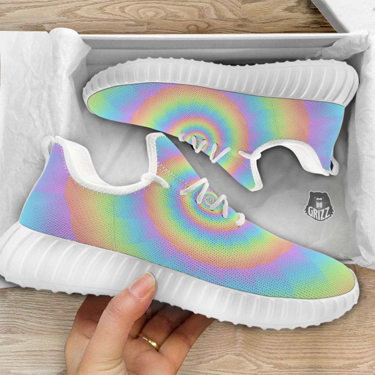 Trippy Spiral Colorful Print White Walking Shoes-grizzshop