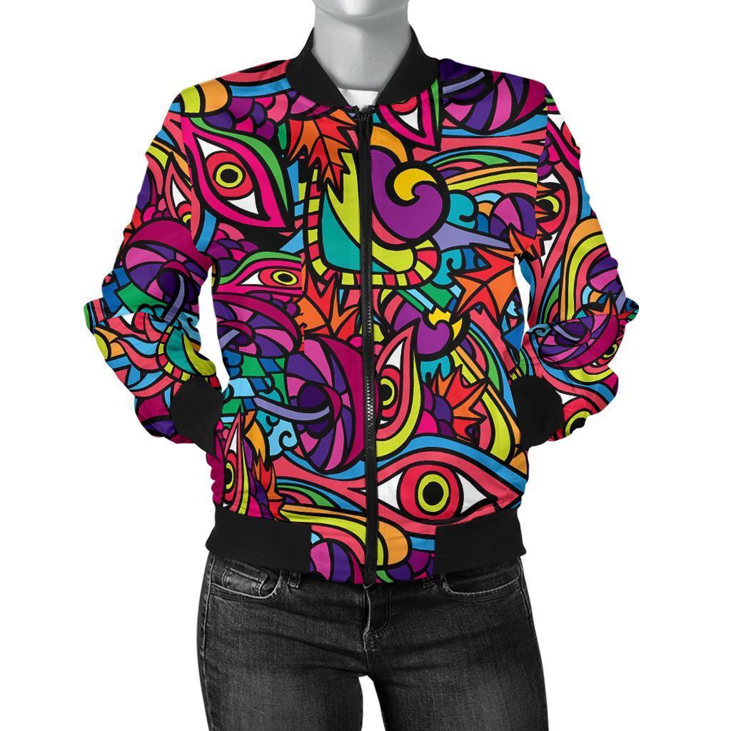 Trippy Print Pattern Women Casual Bomber Jacket-grizzshop