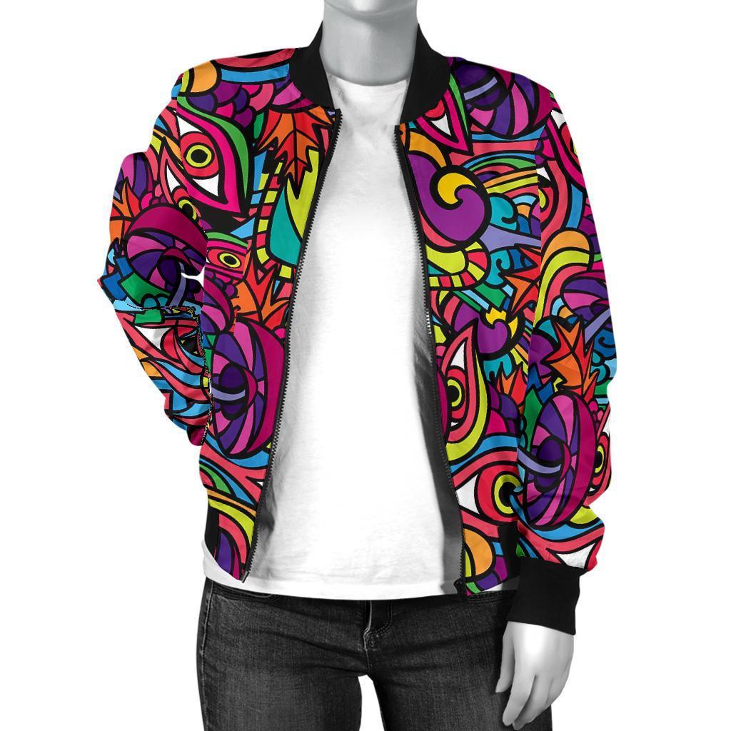 Trippy Print Pattern Women Casual Bomber Jacket-grizzshop