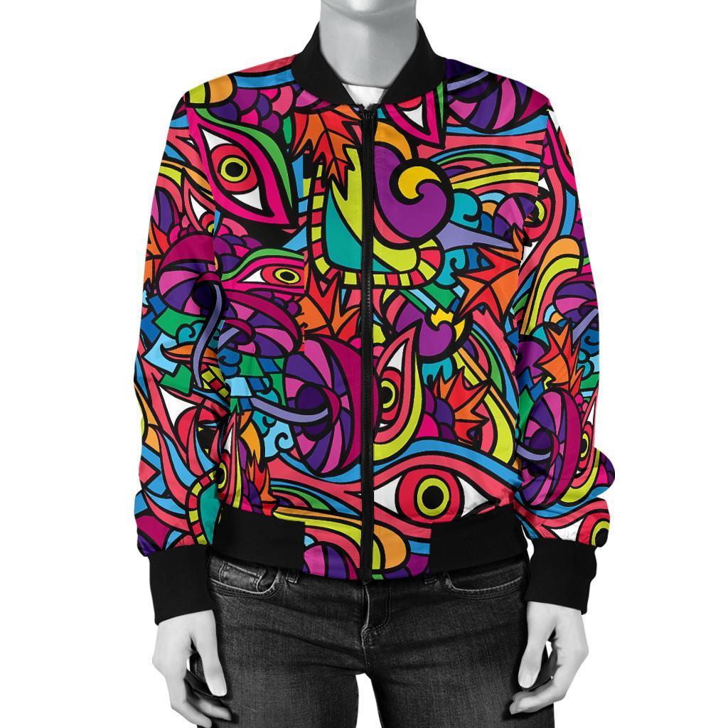 Trippy Print Pattern Women Casual Bomber Jacket-grizzshop