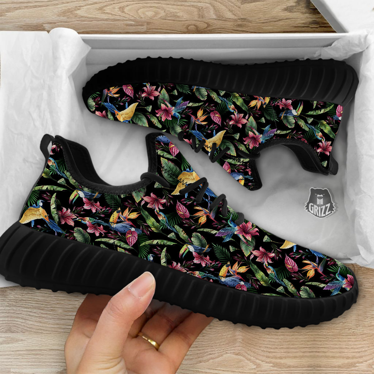 Tropical Aloha Hawaiian Print Pattern Black Walking Shoes-grizzshop