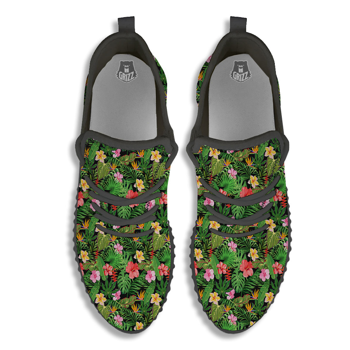 Tropical Aloha Hibiscus Print Pattern Black Walking Shoes-grizzshop
