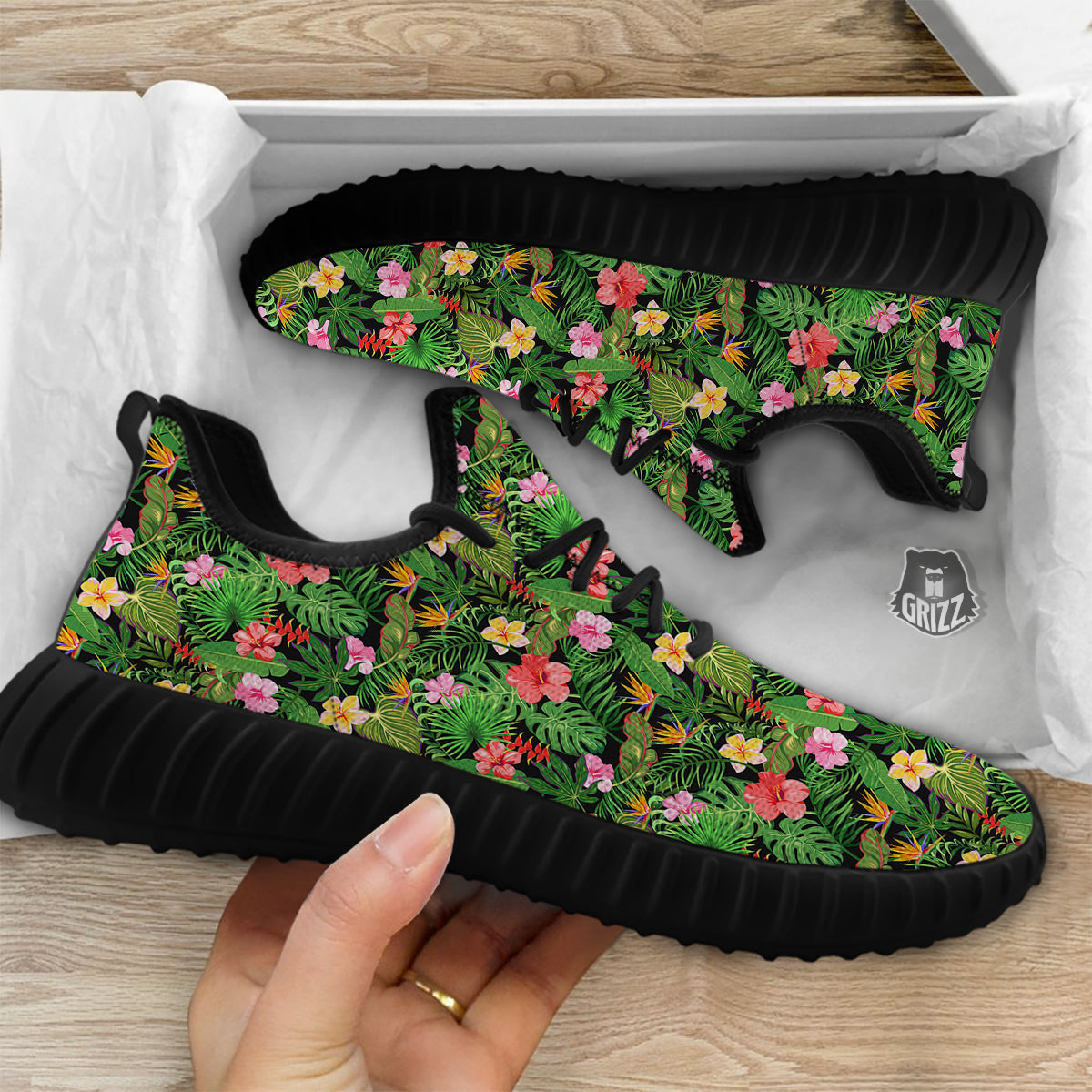 Tropical Aloha Hibiscus Print Pattern Black Walking Shoes-grizzshop