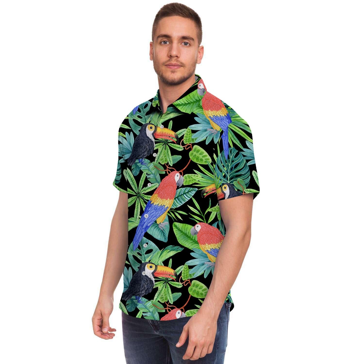 Tropical Bird Hawaiian Print Men's Short Sleeve Shirt-grizzshop