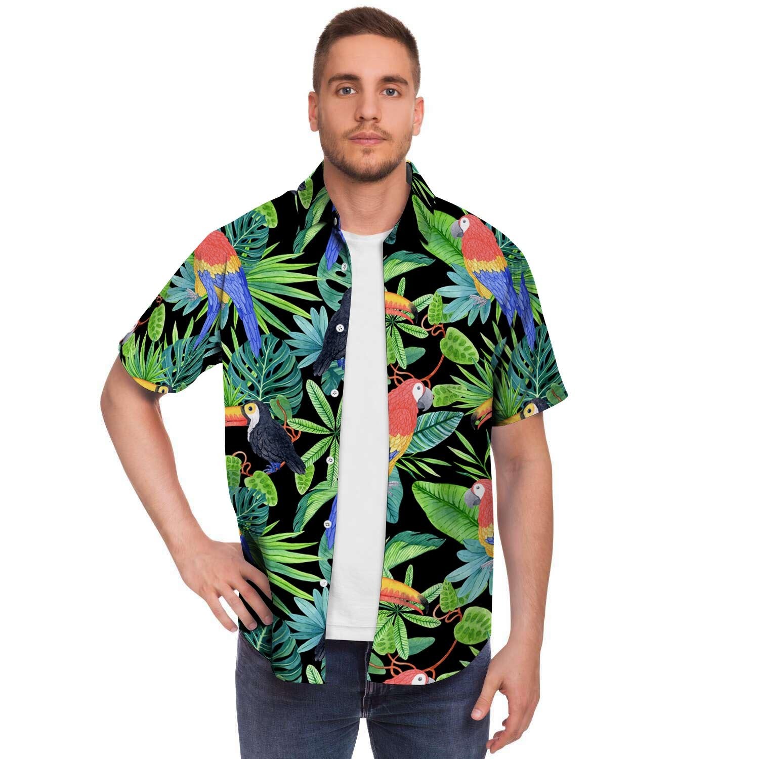Tropical Bird Hawaiian Print Men's Short Sleeve Shirt-grizzshop