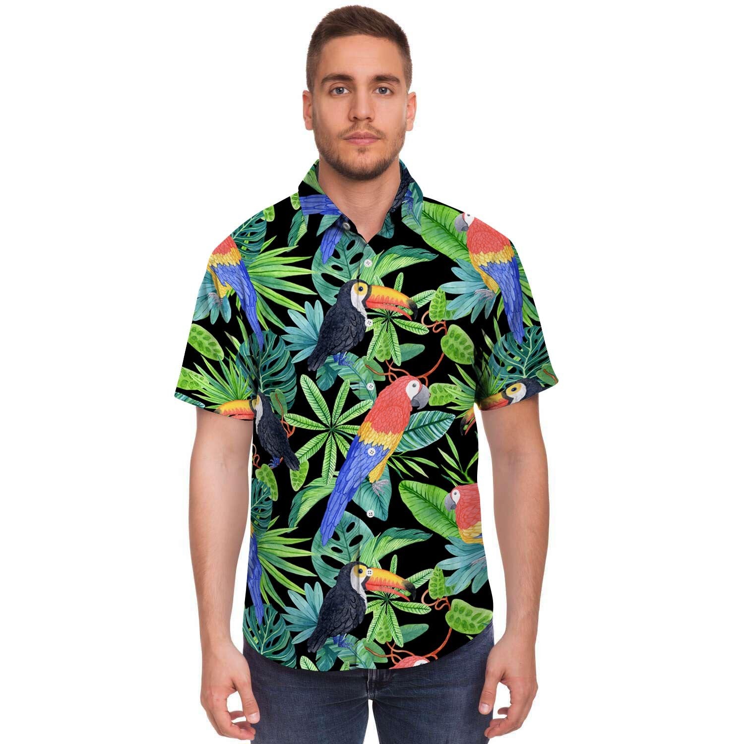 Tropical Bird Hawaiian Print Men's Short Sleeve Shirt-grizzshop