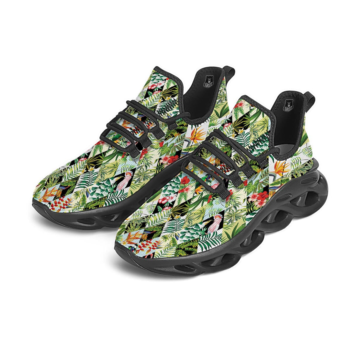 Tropical Bird Patchwork Print Black Running Shoes-grizzshop
