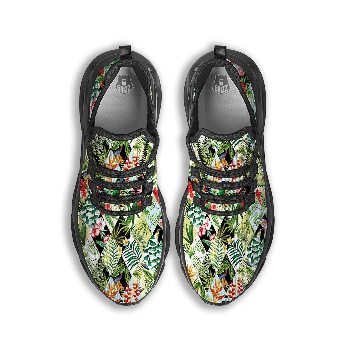 Tropical Bird Patchwork Print Black Running Shoes-grizzshop