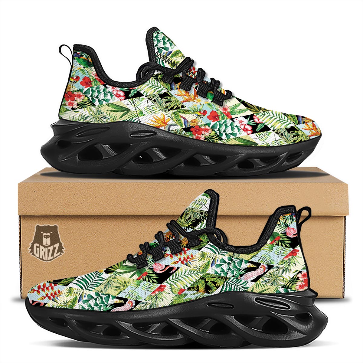 Tropical Bird Patchwork Print Black Running Shoes-grizzshop
