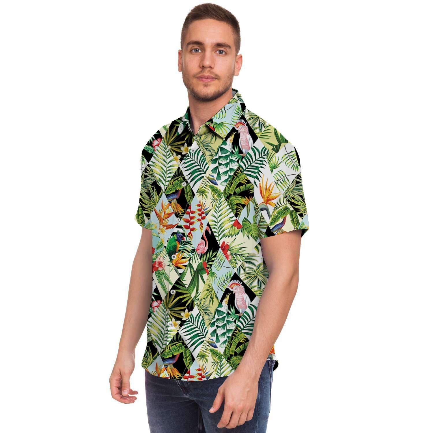 Tropical Bird Patchwork Print Men's Short Sleeve Shirt-grizzshop