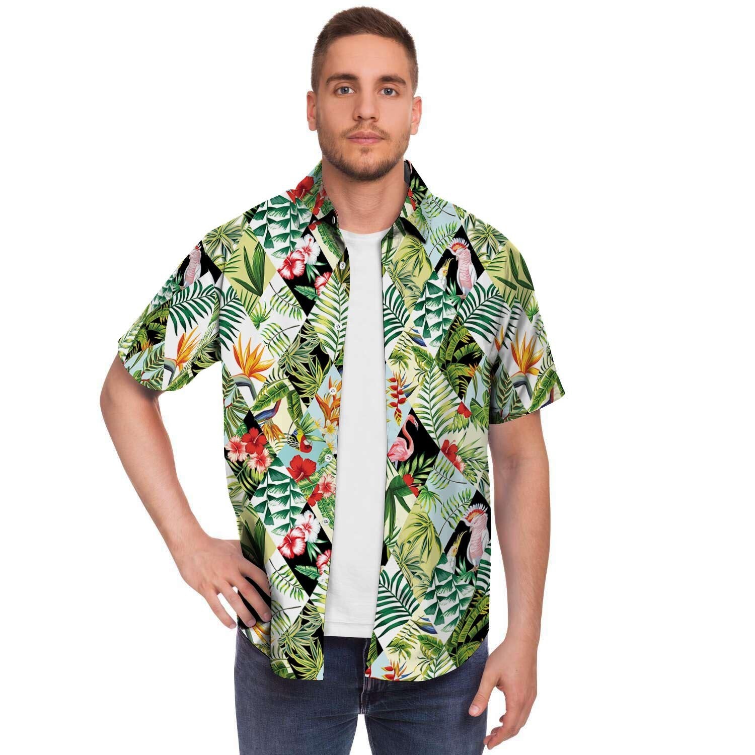 Tropical Bird Patchwork Print Men's Short Sleeve Shirt-grizzshop