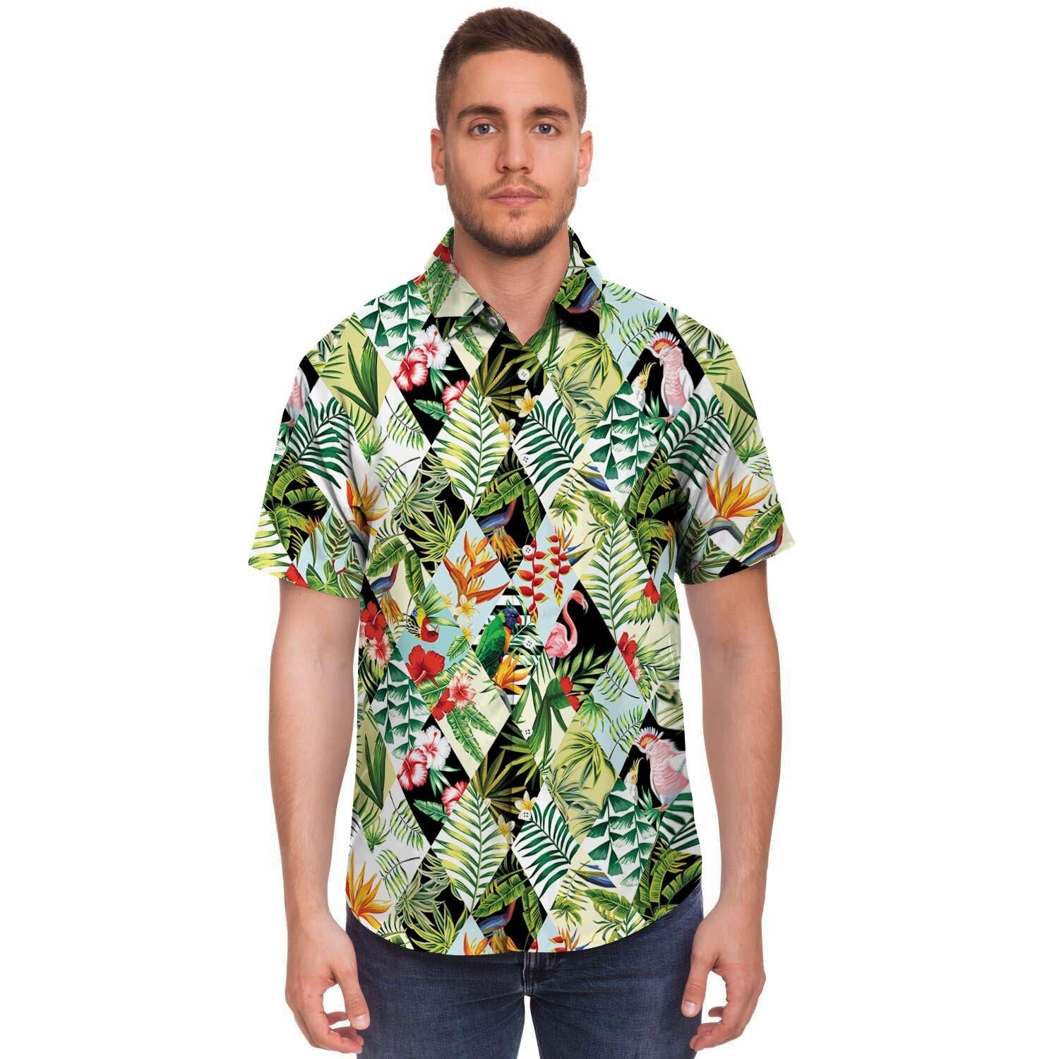 Tropical Bird Patchwork Print Men's Short Sleeve Shirt-grizzshop