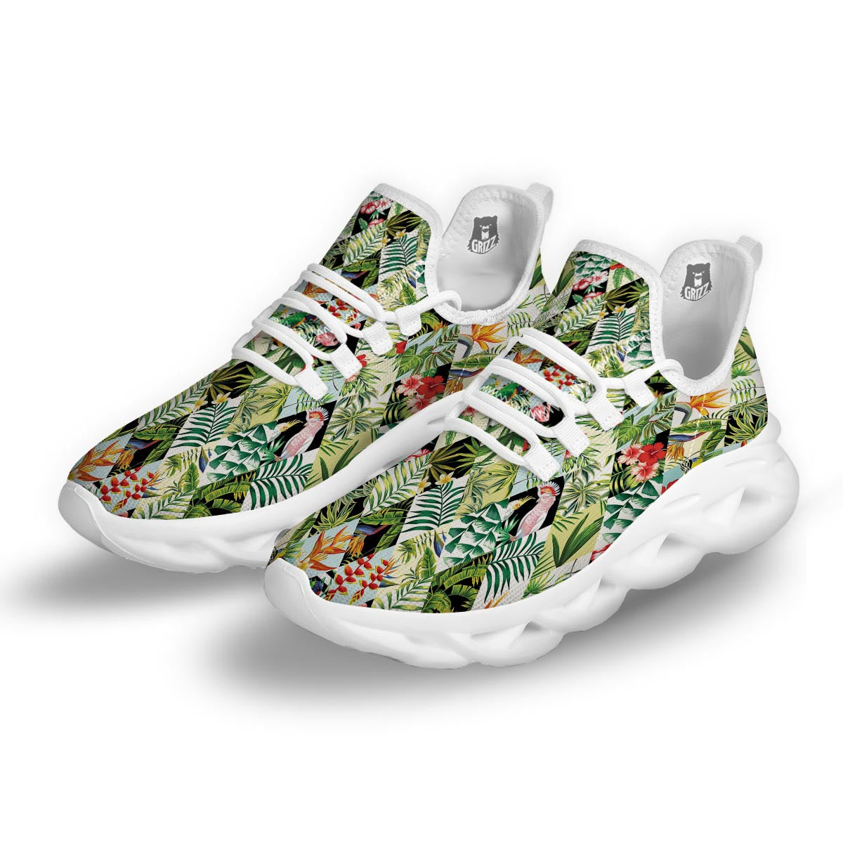 Tropical Bird Patchwork Print White Running Shoes-grizzshop